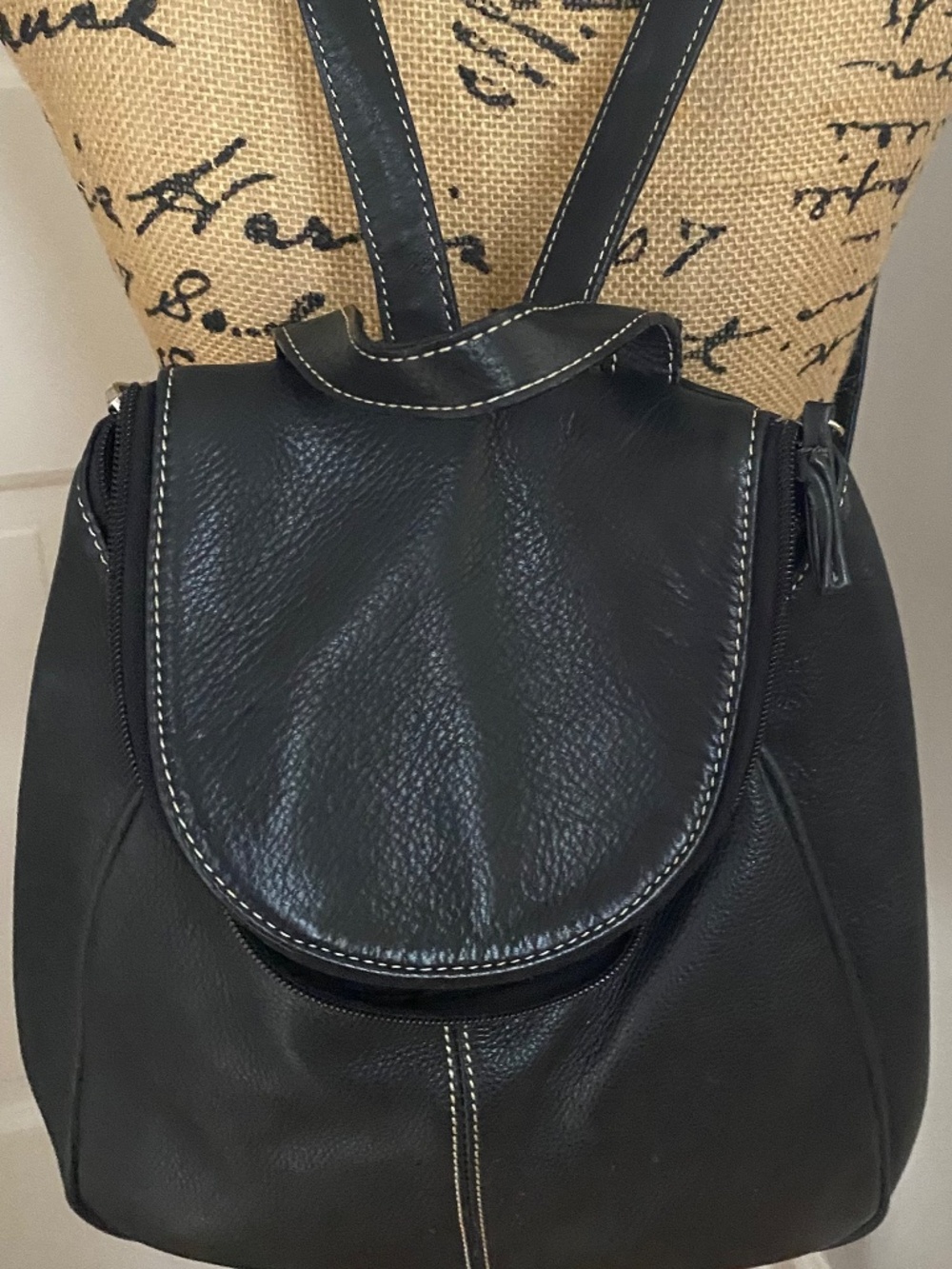 Tiganello Black Backpack, Pebbled Genuine Leather. Small, Compact, Lightweight